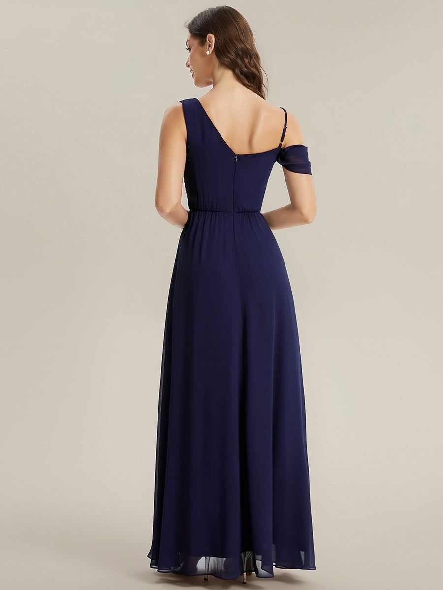 Thigh-High Slit Chiffon Dropped shoulders Bridesmaid Dress #color_Navy Blue