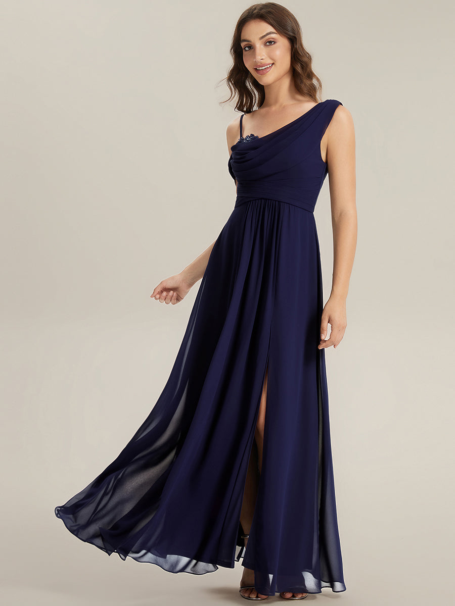Thigh-High Slit Chiffon Dropped shoulders Bridesmaid Dress #color_Navy Blue