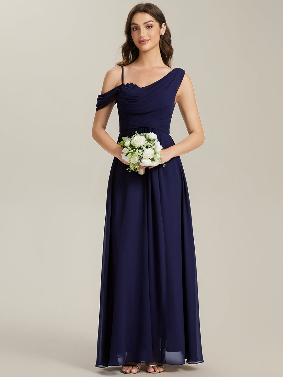 Thigh-High Slit Chiffon Dropped shoulders Bridesmaid Dress #color_Navy Blue