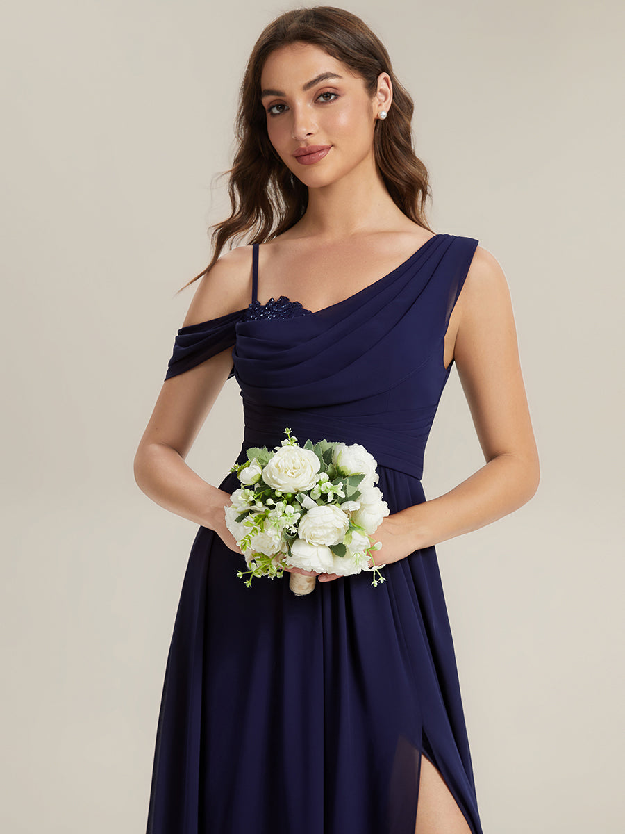 Thigh-High Slit Chiffon Dropped shoulders Bridesmaid Dress #color_Navy Blue