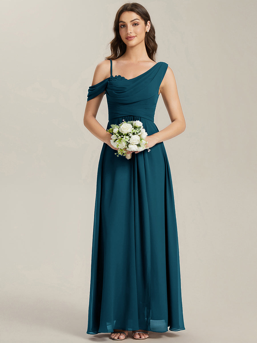 Thigh-High Slit Chiffon Dropped shoulders Bridesmaid Dress #color_Teal Blue