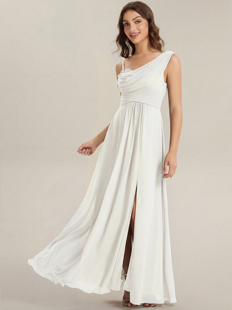 Thigh-High Slit Chiffon Dropped shoulders Bridesmaid Dress #color_White