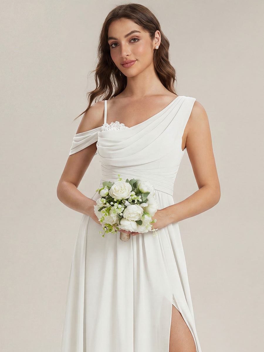 Thigh-High Slit Chiffon Dropped shoulders Bridesmaid Dress #color_White