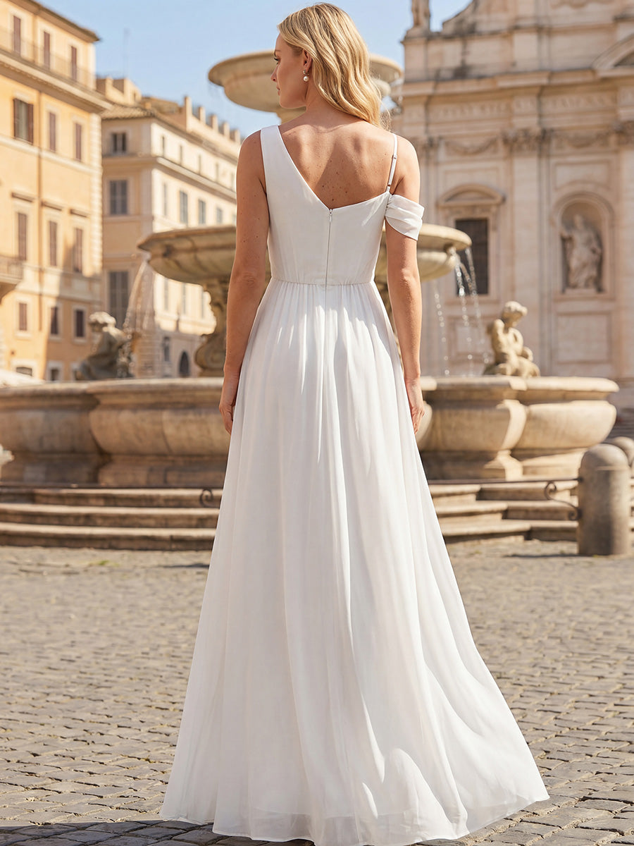 Thigh-High Slit Chiffon Dropped shoulders Bridesmaid Dress #color_White