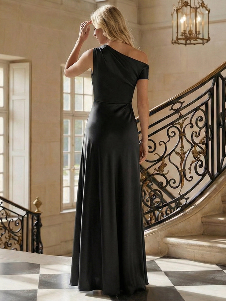 Convertible Satin Drop Shoulder Sleeve Bridesmaid Dress #color_Black