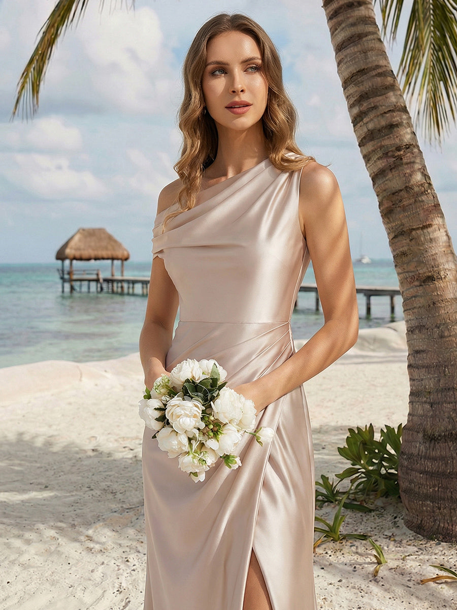 Convertible Satin Drop Shoulder Sleeve Bridesmaid Dress #color_Champagne