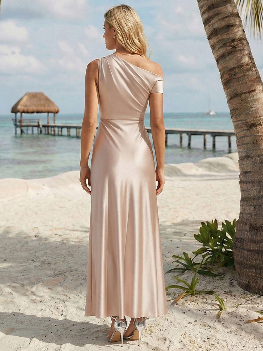 Convertible Satin Drop Shoulder Sleeve Bridesmaid Dress #color_Champagne