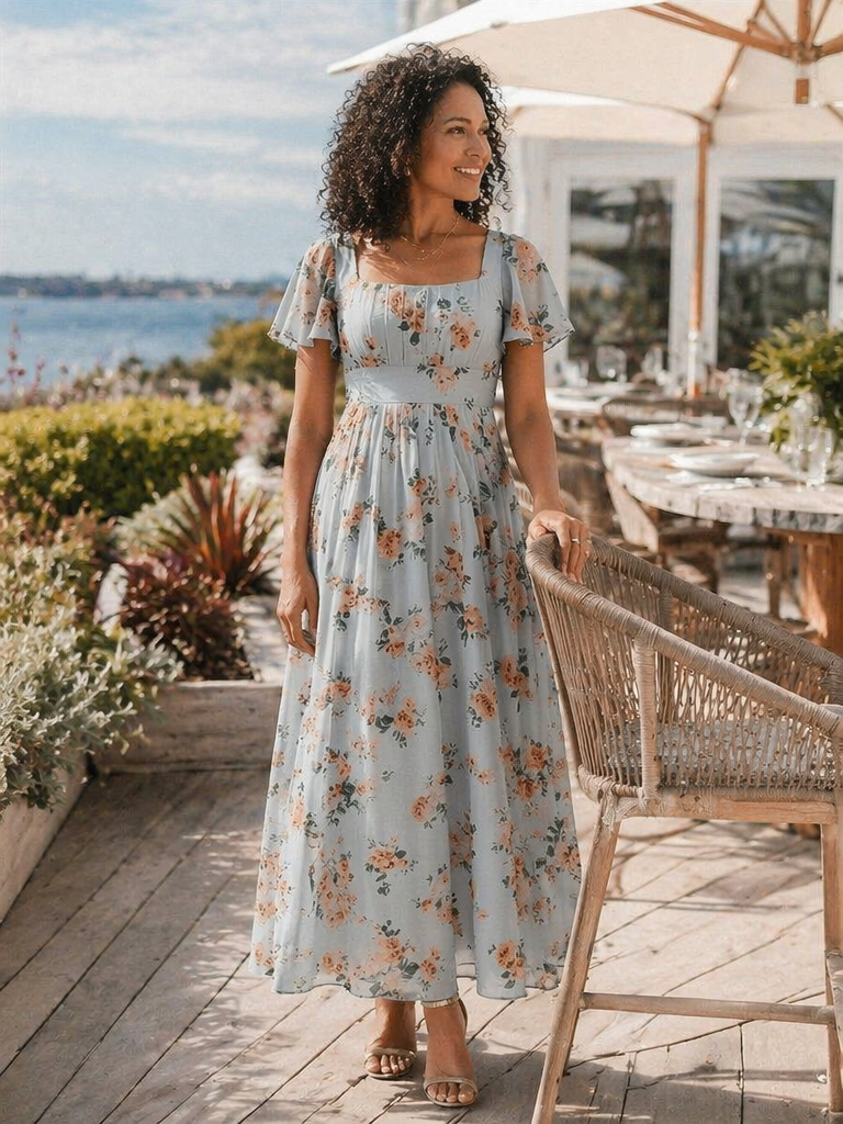 Ruched Chiffon Ruffle Sleeve Bridesmaid Dress #color_Amber Bloom
