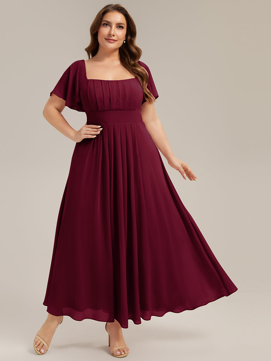 Plus Size Square Neck Chiffon Ruffle Sleeve Bridesmaid Dress #color_Burgundy