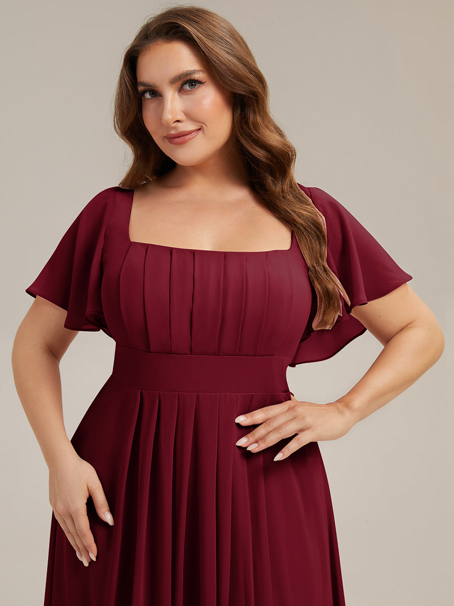 Ruched Chiffon Ruffle Sleeve Bridesmaid Dress #color_Burgundy