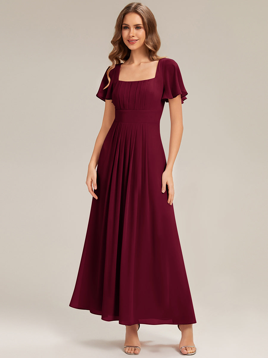 Ruched Chiffon Ruffle Sleeve Bridesmaid Dress #color_Burgundy