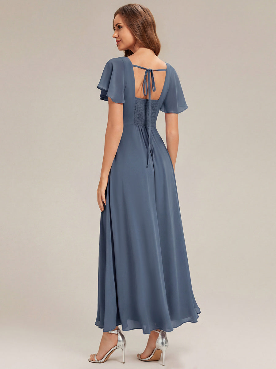 Ruched Chiffon Ruffle Sleeve Bridesmaid Dress #color_Dusty Blue