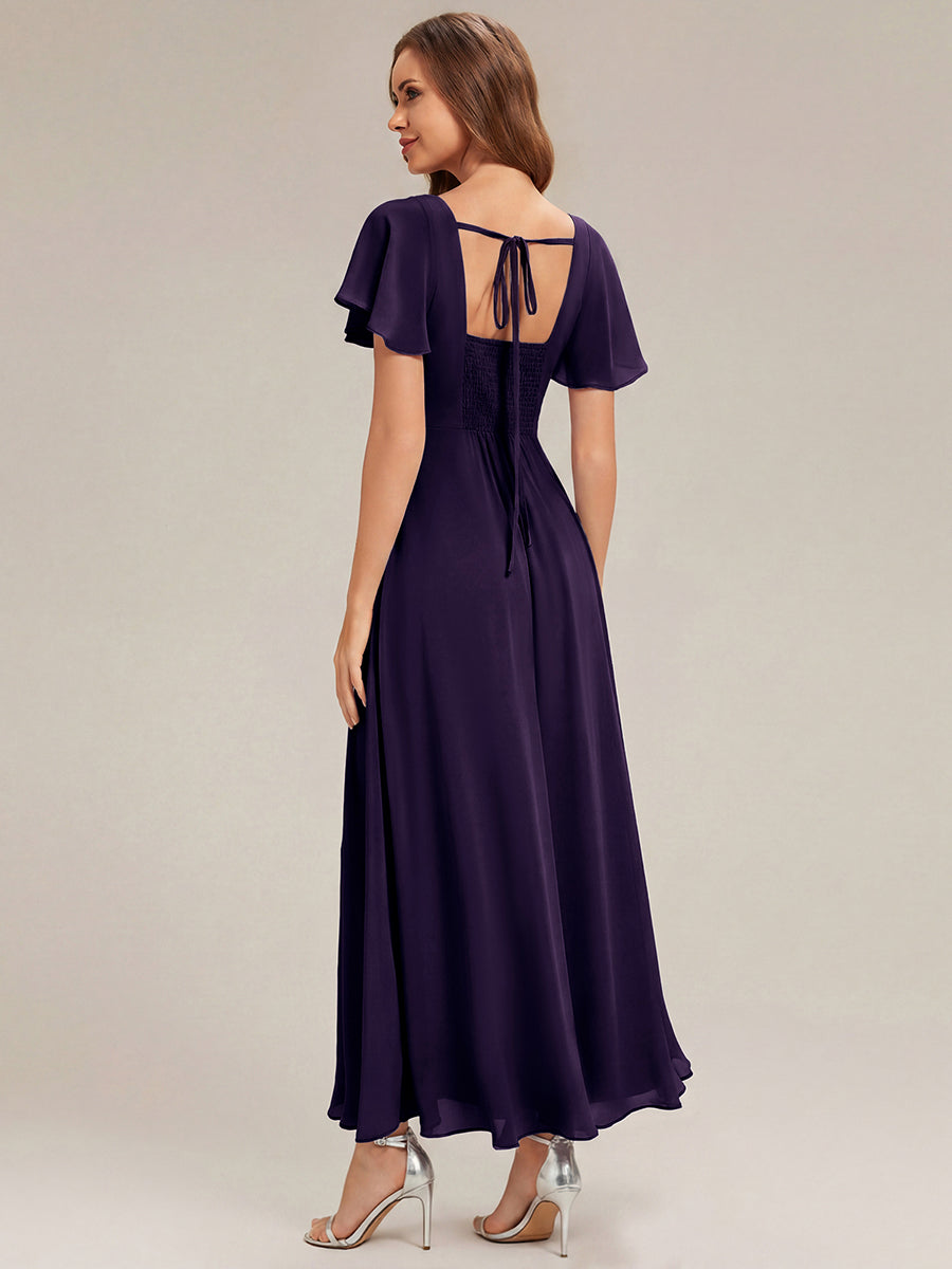 Ruched Chiffon Ruffle Sleeve Bridesmaid Dress #color_Dark Purple