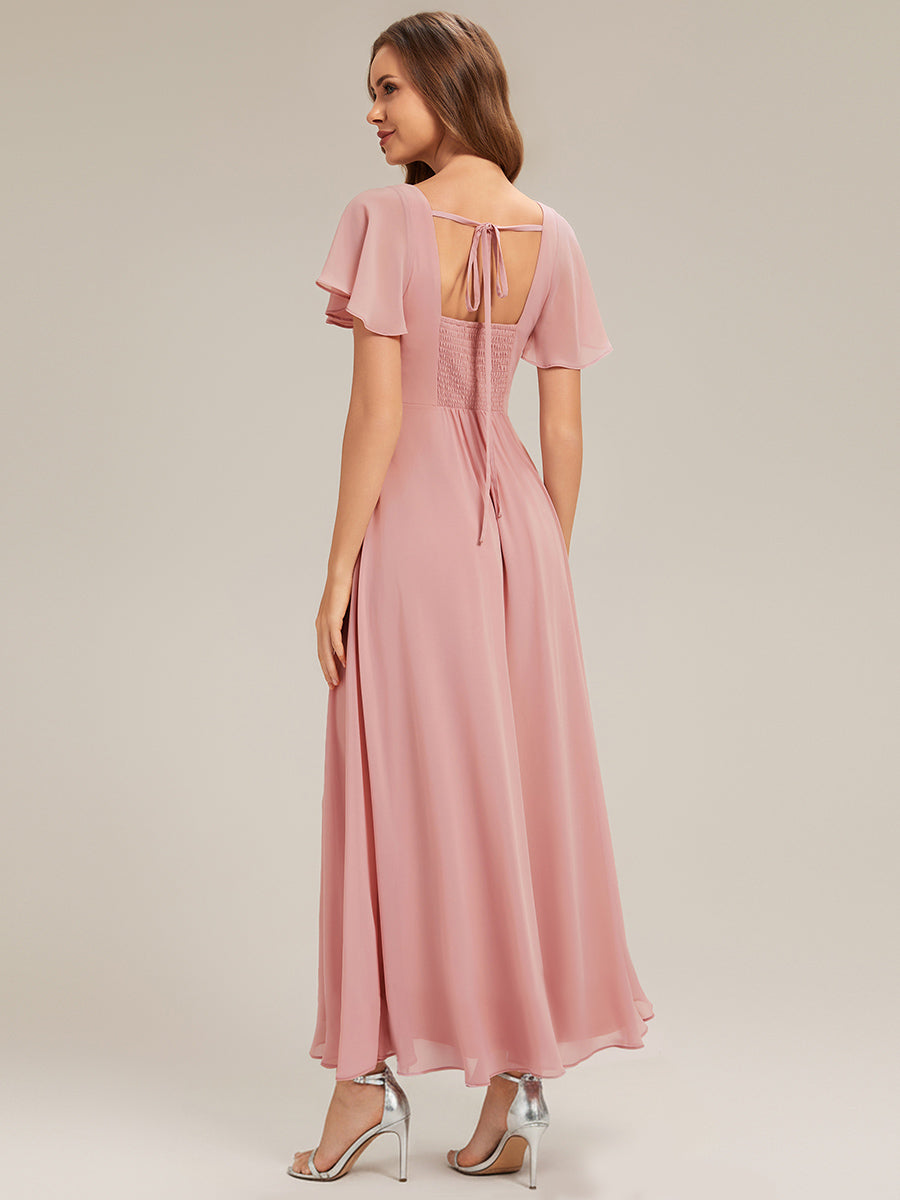 Ruched Chiffon Ruffle Sleeve Bridesmaid Dress #color_Dusty Rose