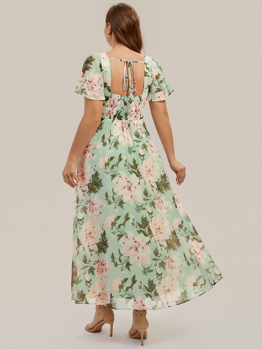 Ruched Chiffon Ruffle Sleeve Bridesmaid Dress #color_Light Green Floral