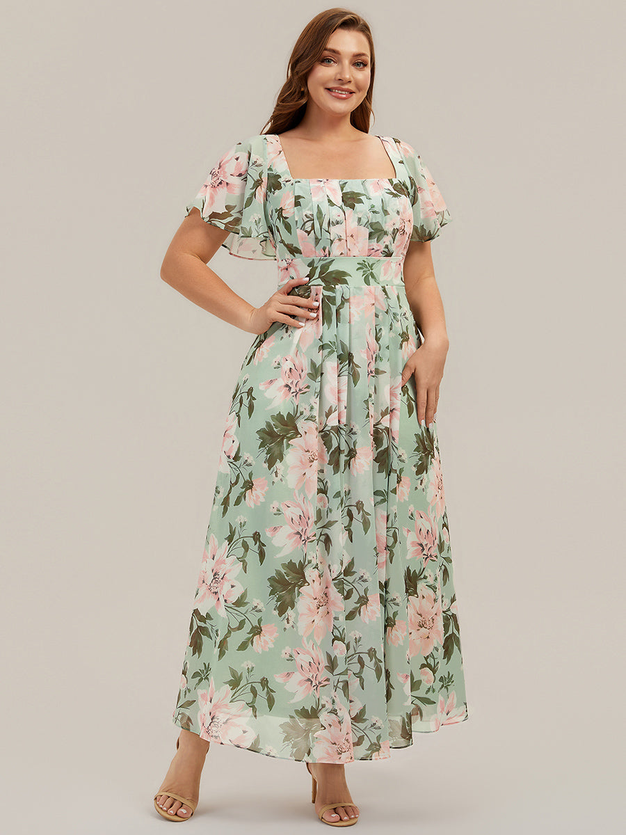 Ruched Chiffon Ruffle Sleeve Bridesmaid Dress #color_Light Green Floral