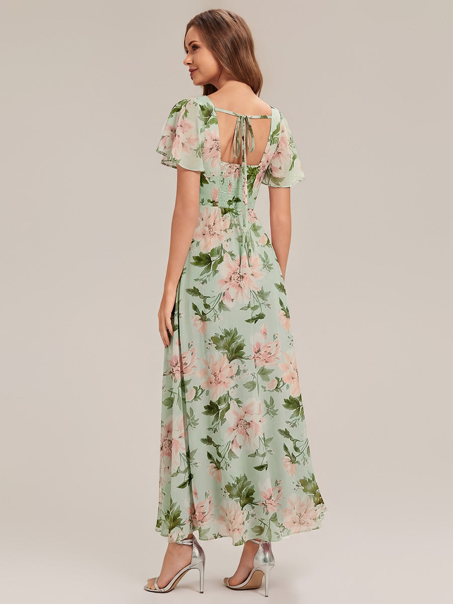 Ruched Chiffon Ruffle Sleeve Bridesmaid Dress #color_Light Green Floral