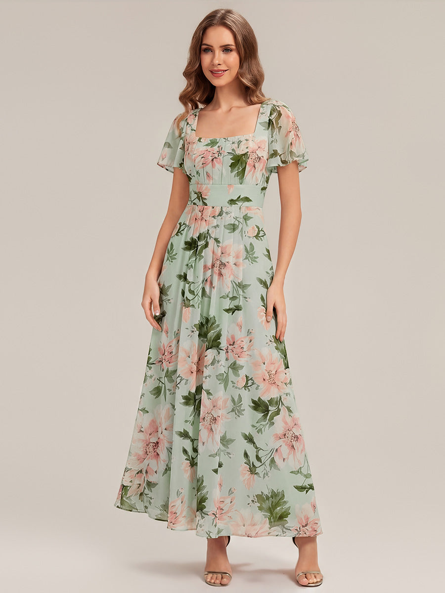 Ruched Chiffon Ruffle Sleeve Bridesmaid Dress #color_Light Green Floral