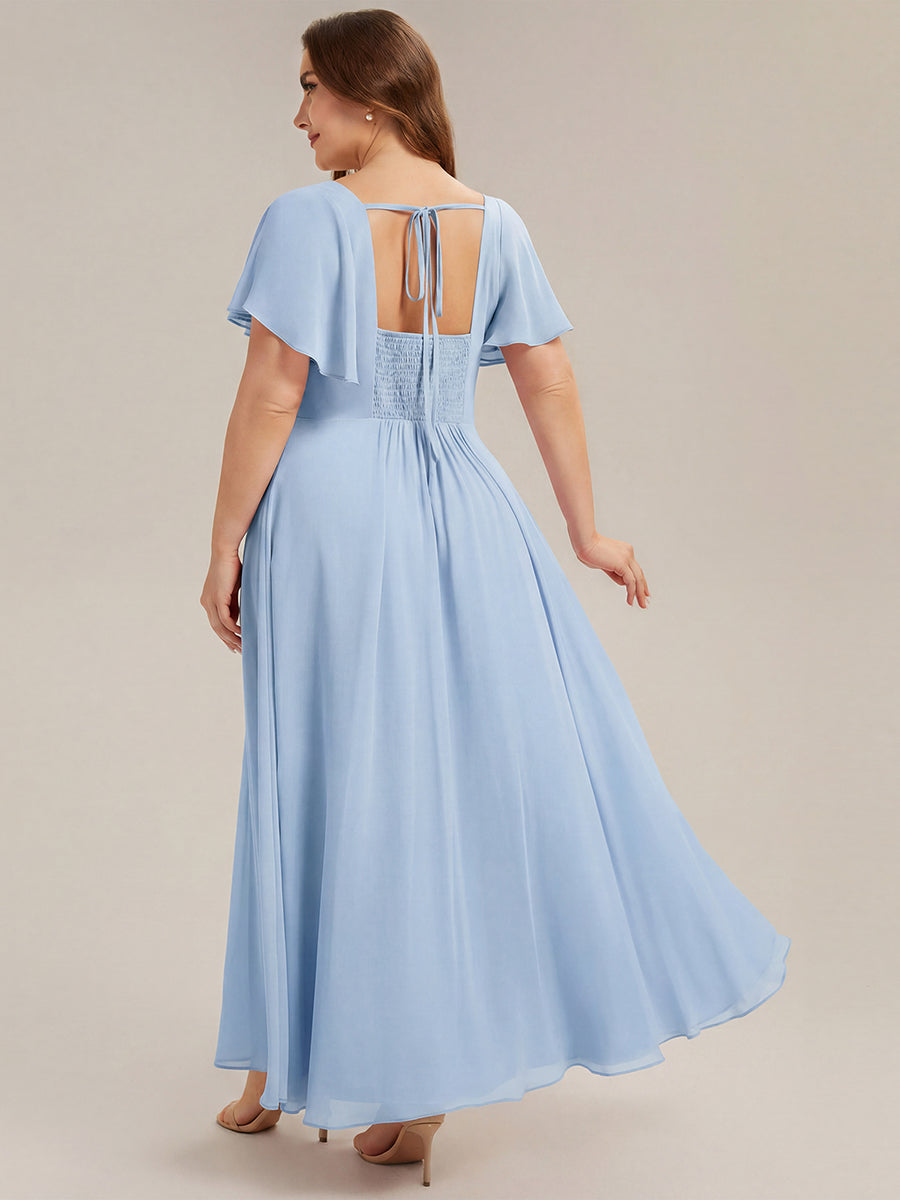 Ruched Chiffon Ruffle Sleeve Bridesmaid Dress #color_Ice Blue