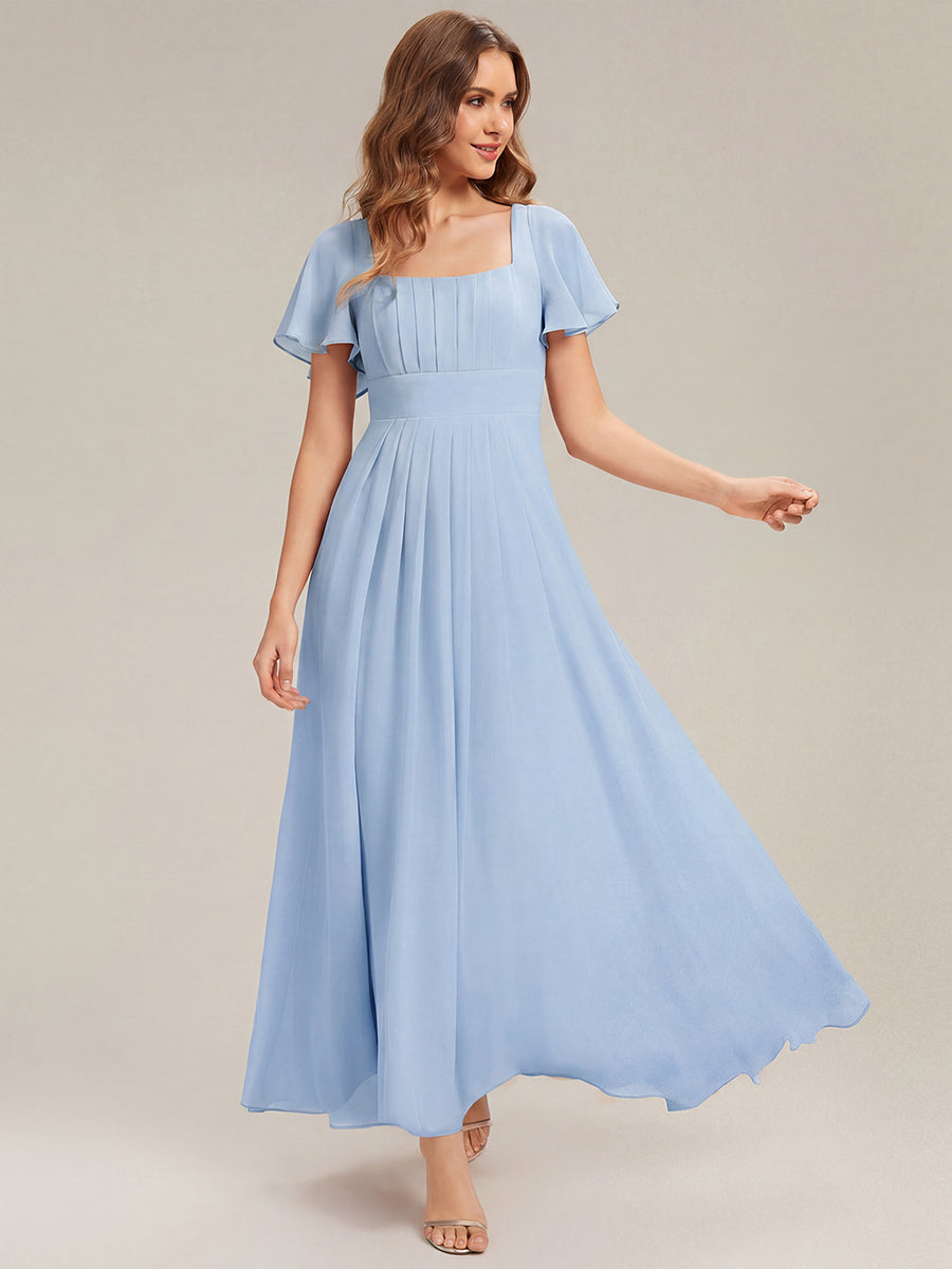 Ruched Chiffon Ruffle Sleeve Bridesmaid Dress #color_Ice Blue