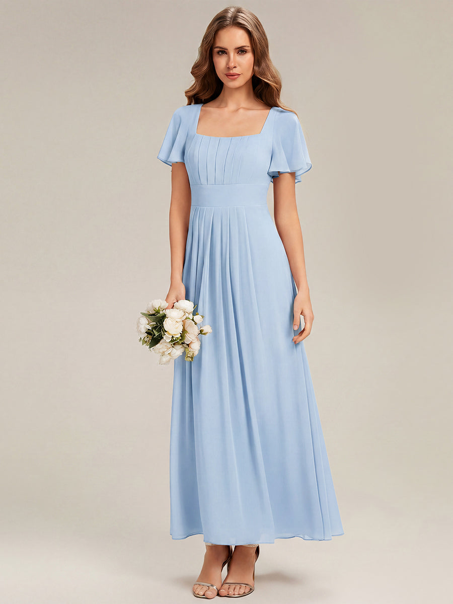 Ruched Chiffon Ruffle Sleeve Bridesmaid Dress #color_Ice Blue
