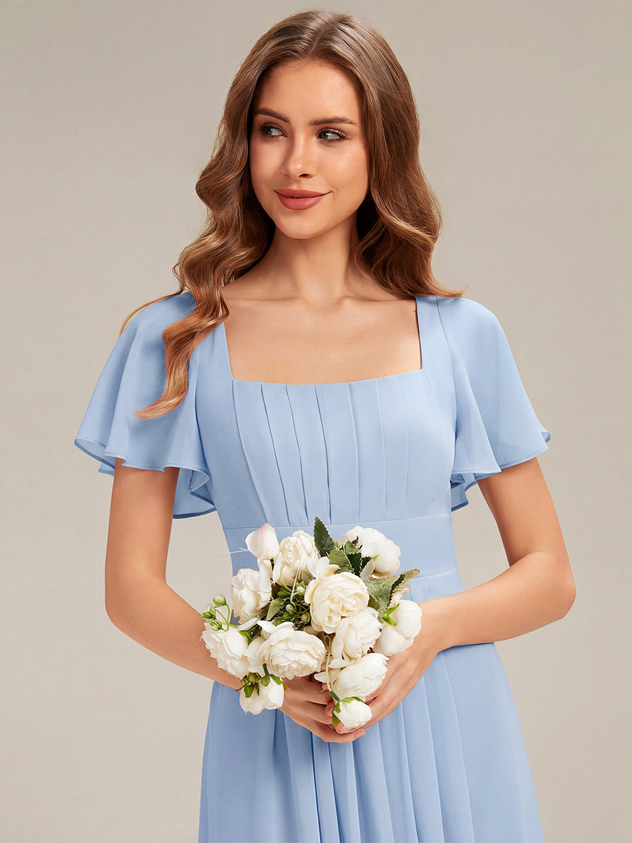 Ruched Chiffon Ruffle Sleeve Bridesmaid Dress #color_Ice Blue