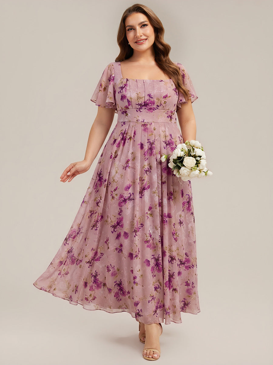 Ruched Chiffon Ruffle Sleeve Bridesmaid Dress #color_Light Purple Print