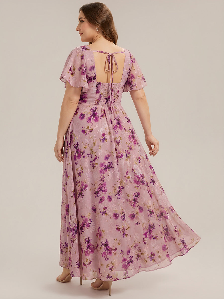 Ruched Chiffon Ruffle Sleeve Bridesmaid Dress #color_Light Purple Print