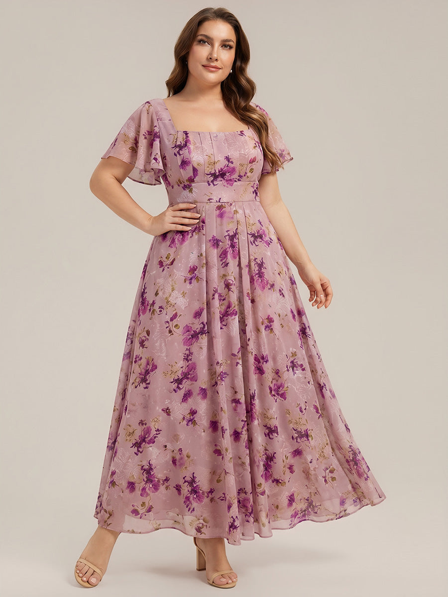 Ruched Chiffon Ruffle Sleeve Bridesmaid Dress #color_Light Purple Print
