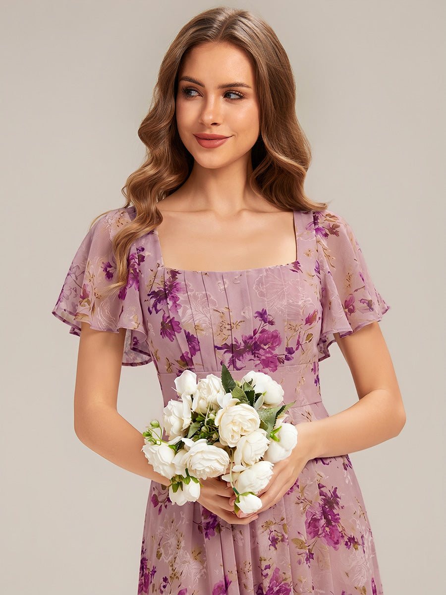 Ruched Chiffon Ruffle Sleeve Bridesmaid Dress #color_Light Purple Print