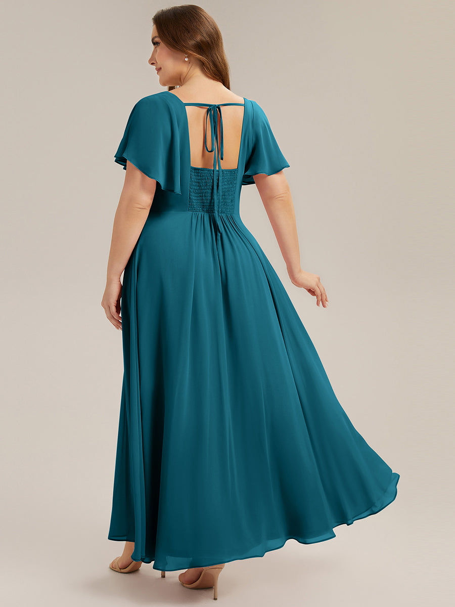 Ruched Chiffon Ruffle Sleeve Bridesmaid Dress #color_Teal Blue