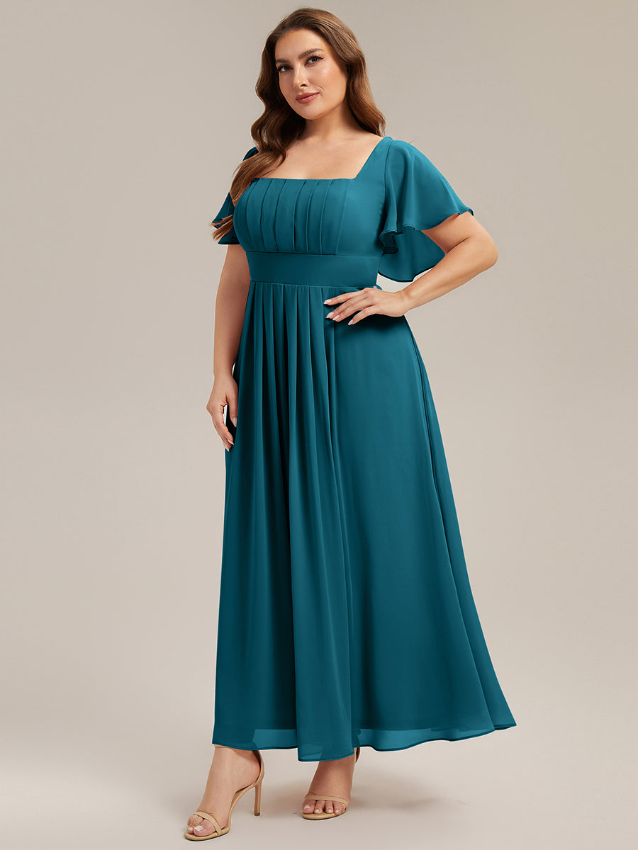 Ruched Chiffon Ruffle Sleeve Bridesmaid Dress #color_Teal Blue