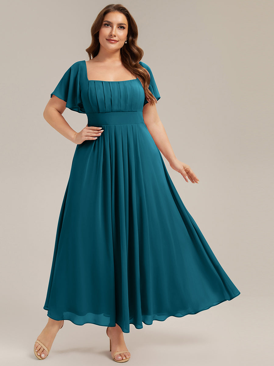 Ruched Chiffon Ruffle Sleeve Bridesmaid Dress #color_Teal Blue