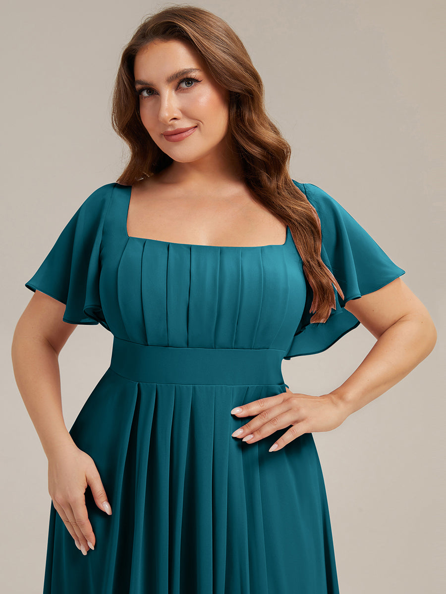 Ruched Chiffon Ruffle Sleeve Bridesmaid Dress #color_Teal Blue