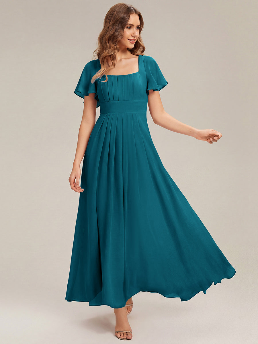 Ruched Chiffon Ruffle Sleeve Bridesmaid Dress #color_Teal Blue