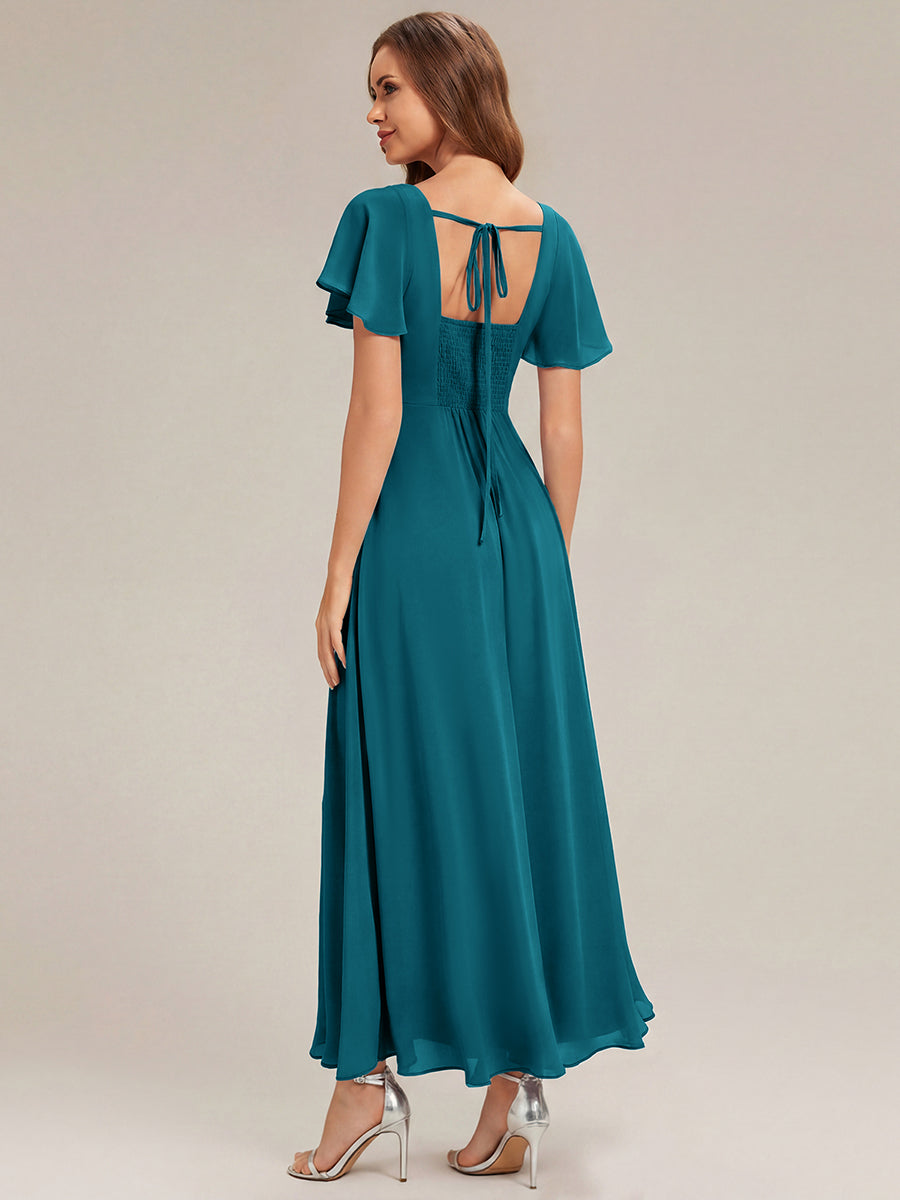 Ruched Chiffon Ruffle Sleeve Bridesmaid Dress #color_Teal Blue