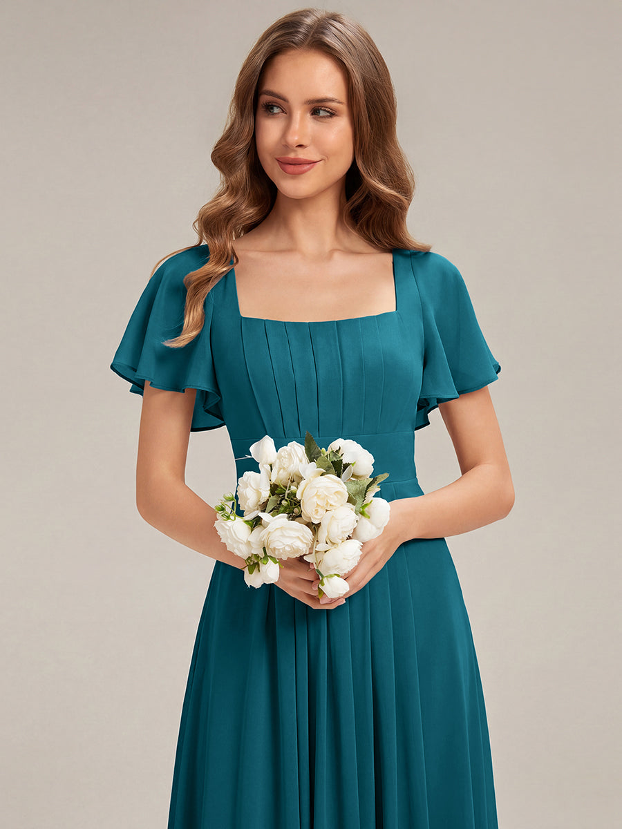 Ruched Chiffon Ruffle Sleeve Bridesmaid Dress #color_Teal Blue