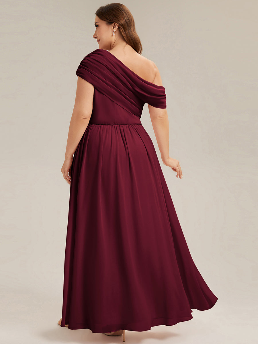 Gathered Chiffon Off the Shoulder Bridesmaid Dress #color_Burgundy
