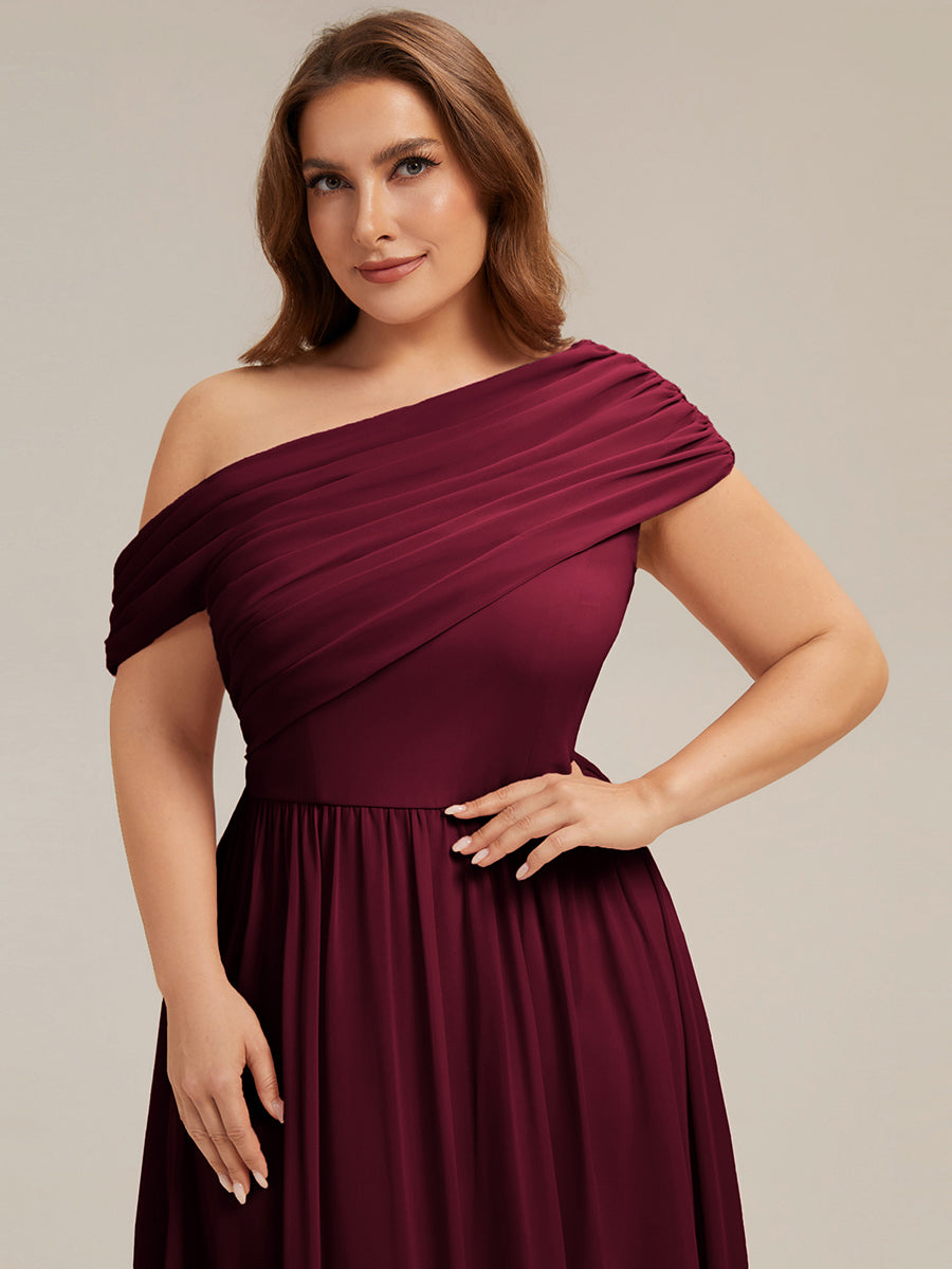 Gathered Chiffon Off the Shoulder Bridesmaid Dress #color_Burgundy