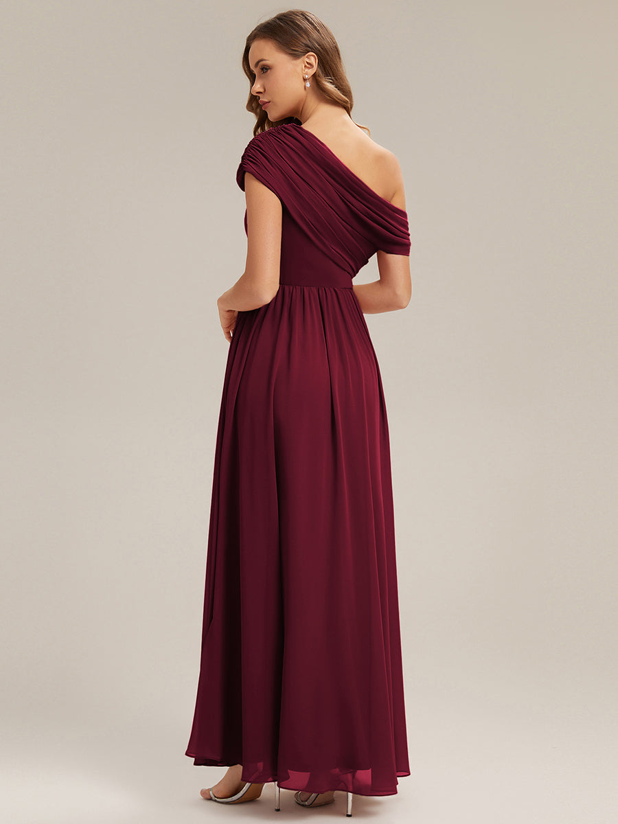 Gathered Chiffon Off the Shoulder Bridesmaid Dress #color_Burgundy