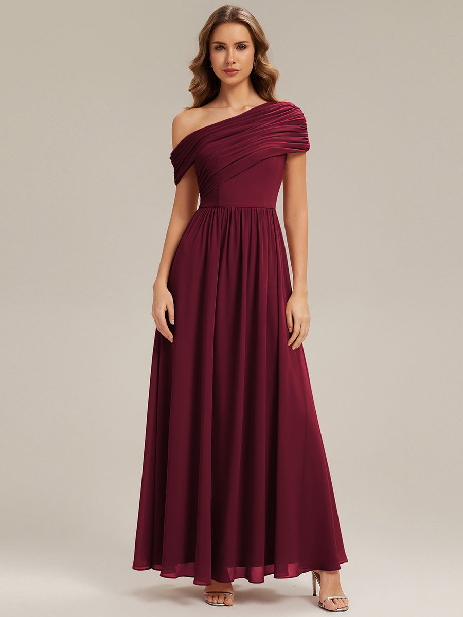 Gathered Chiffon Off the Shoulder Bridesmaid Dress #color_Burgundy