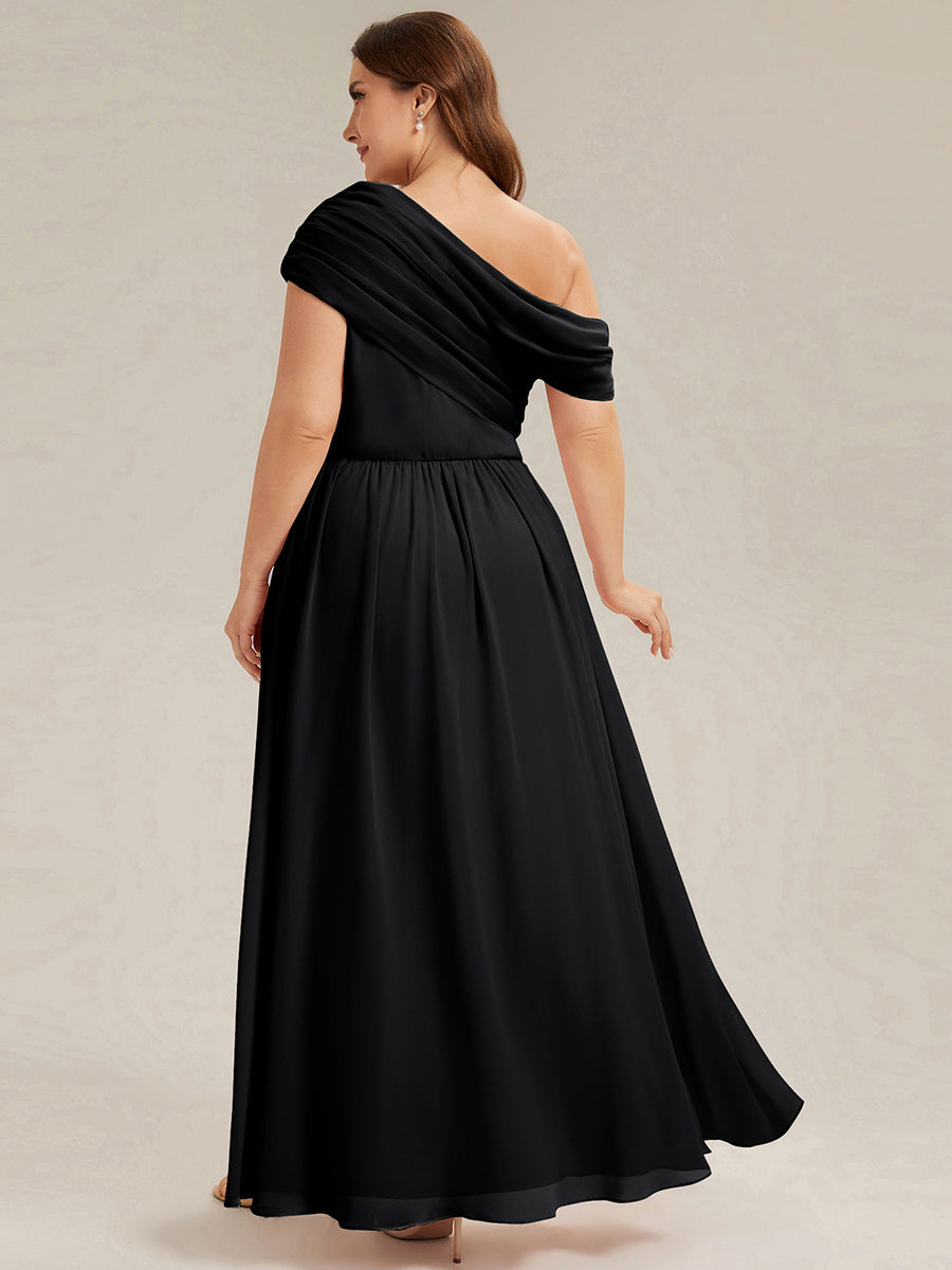 Gathered Chiffon Off the Shoulder Bridesmaid Dress #color_Black