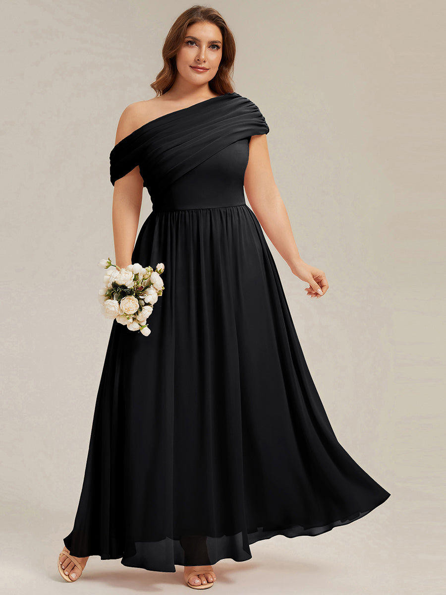 Gathered Chiffon Off the Shoulder Bridesmaid Dress #color_Black