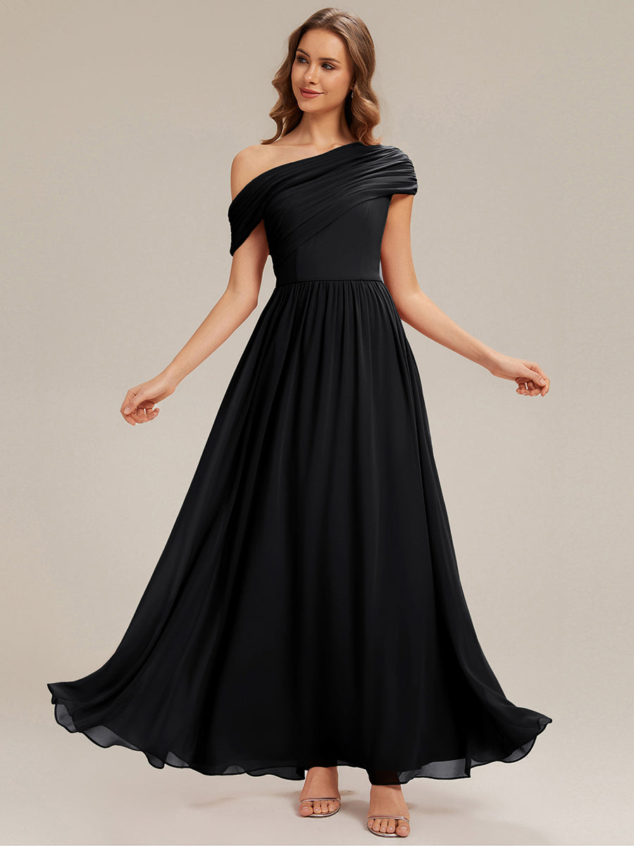 Gathered Chiffon Off the Shoulder Bridesmaid Dress #color_Black