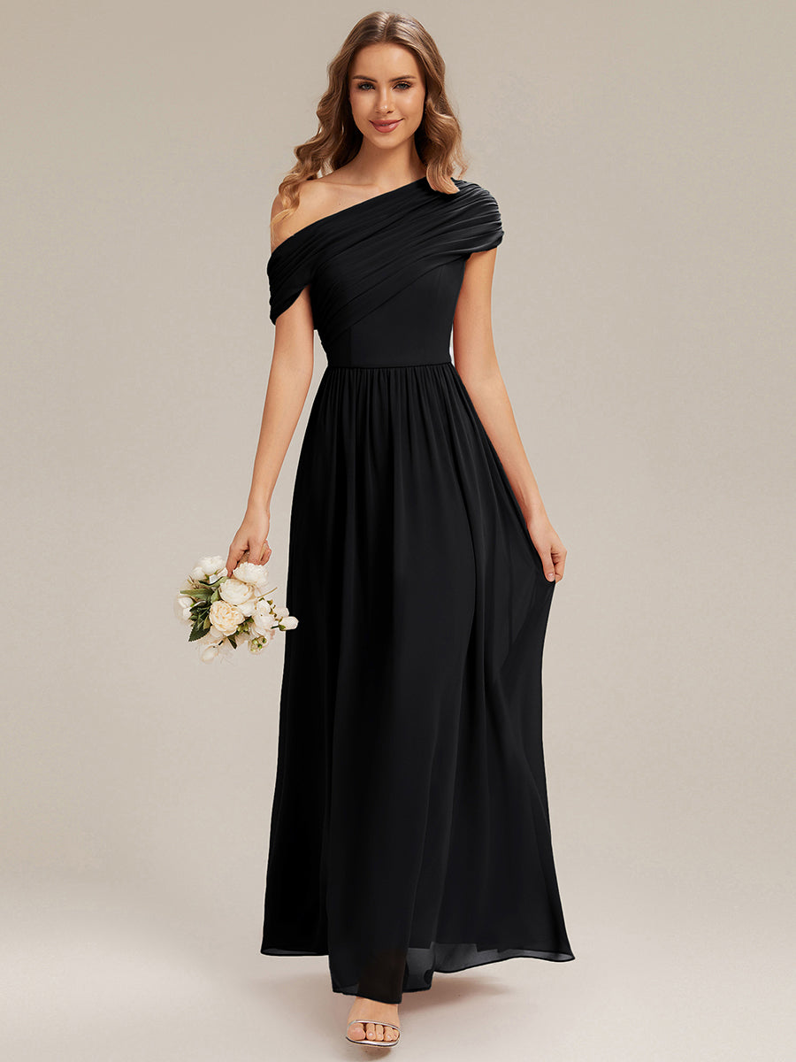 Gathered Chiffon Off the Shoulder Bridesmaid Dress #color_Black