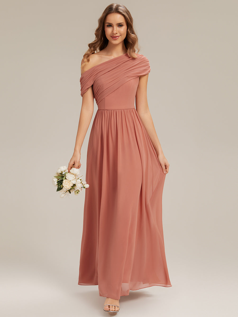 Gathered Chiffon Off the Shoulder Bridesmaid Dress #color_Coral Pink