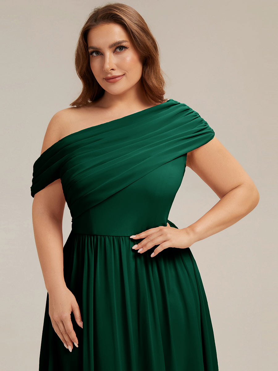 Gathered Chiffon Off the Shoulder Bridesmaid Dress #color_Dark Green