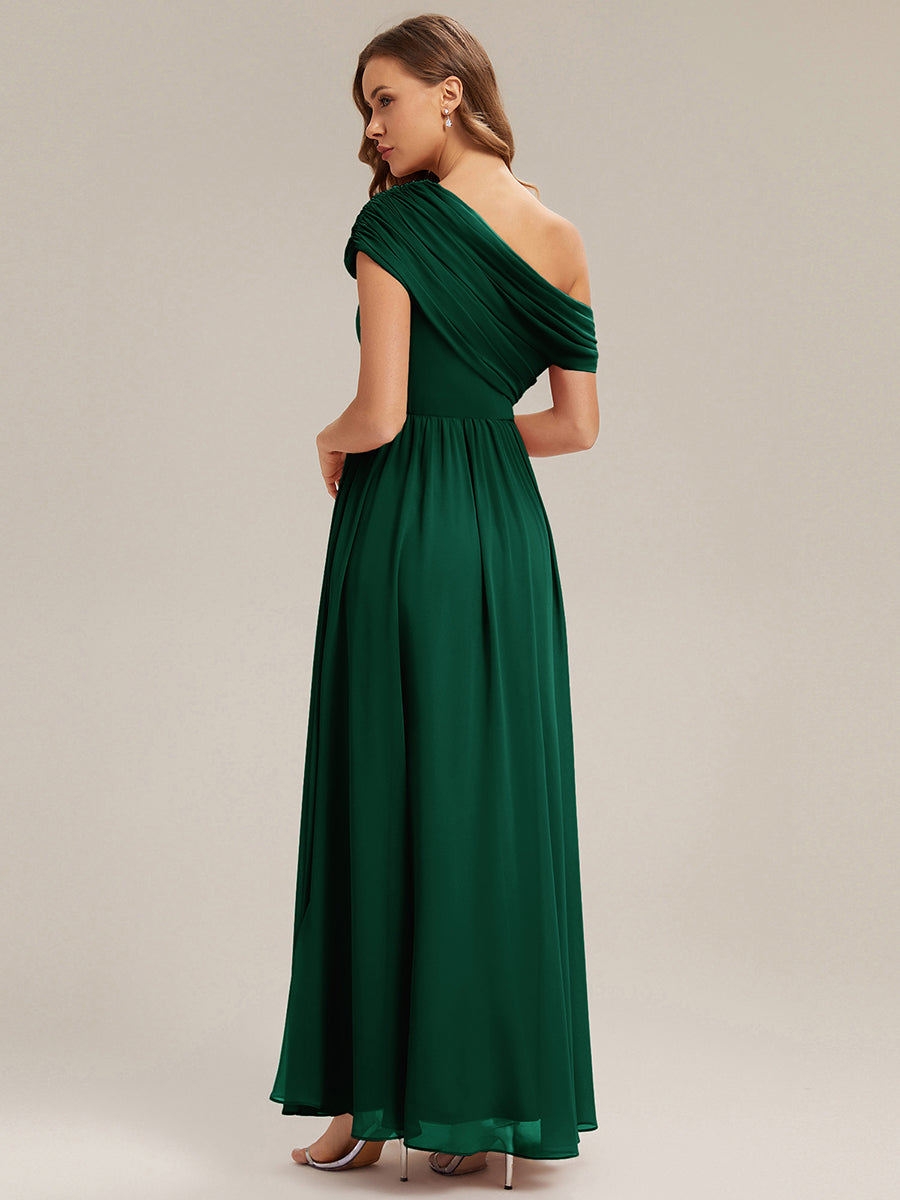 Gathered Chiffon Off the Shoulder Bridesmaid Dress #color_Dark Green