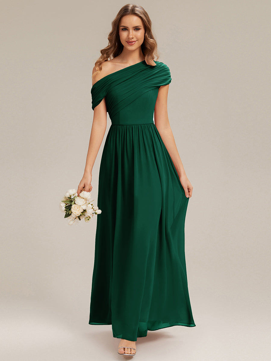 Gathered Chiffon Off the Shoulder Bridesmaid Dress #color_Dark Green