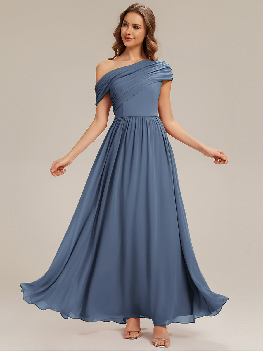 Gathered Chiffon Off the Shoulder Bridesmaid Dress #color_Dusty Blue